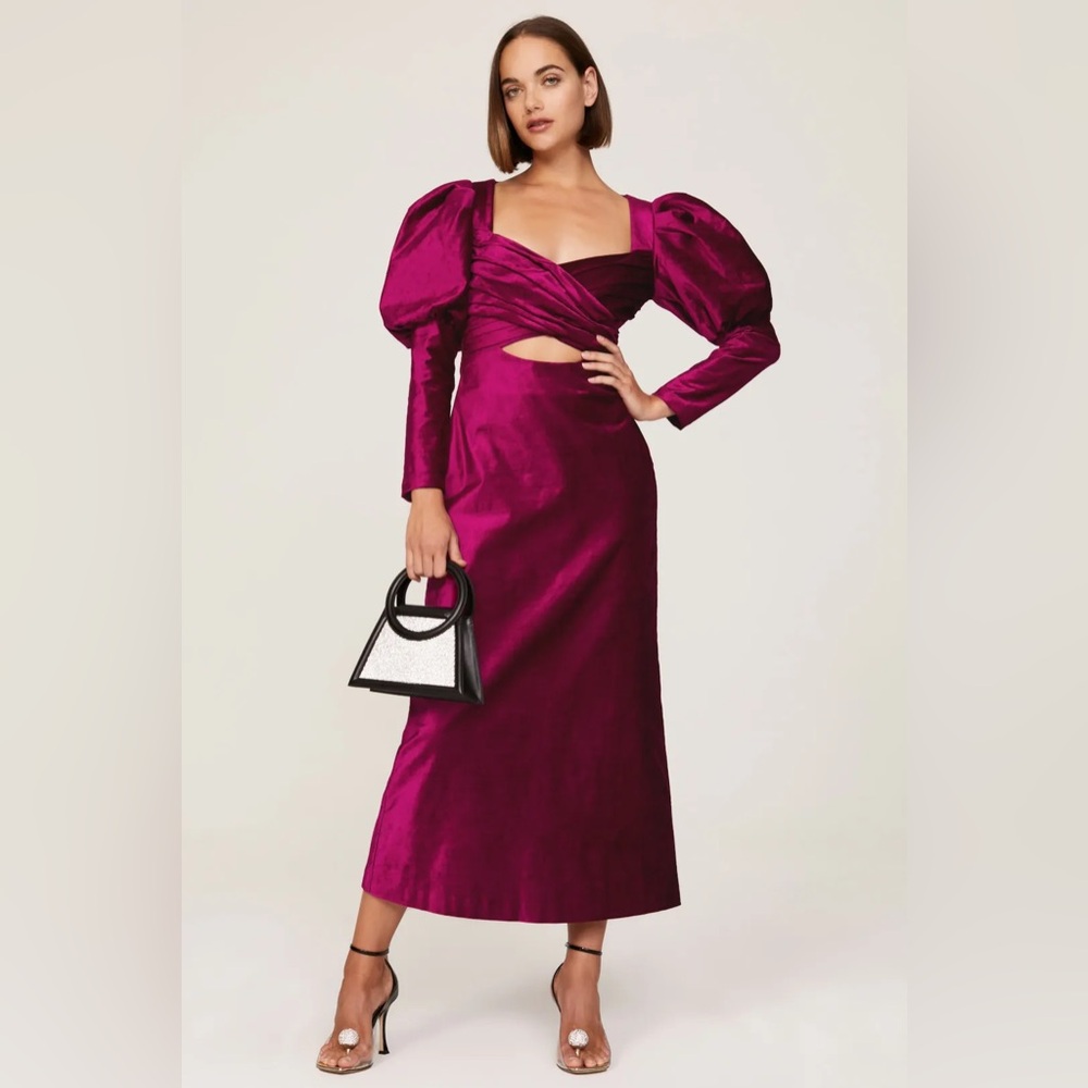 Alemais burgundy velvet Rosario puff sleeve midi dress